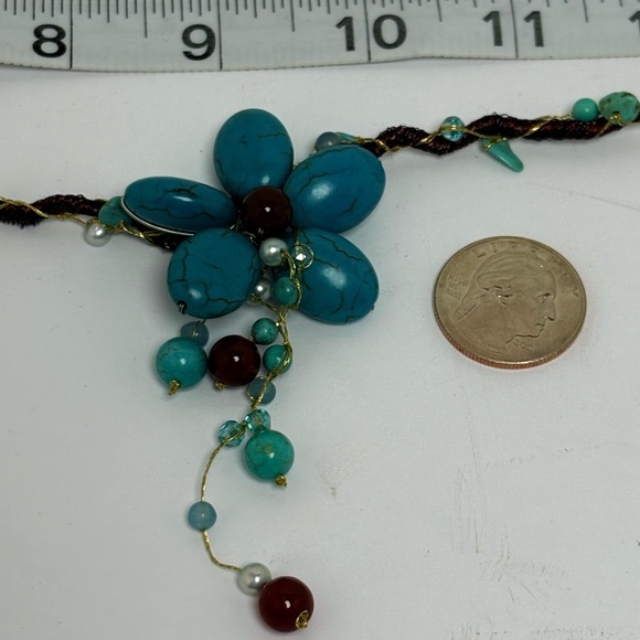 Whimsical Turquoise and Red Beaded Flower Necklace - Picture 6 of 7